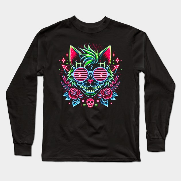 Crazy Neon Alternative Cat Long Sleeve T-Shirt by Ryo Li